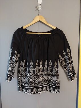 Talbots Black Peasant Top with White Embroidery